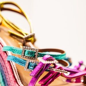 Multicolor Strappy Heels with Rhinestone Buckles